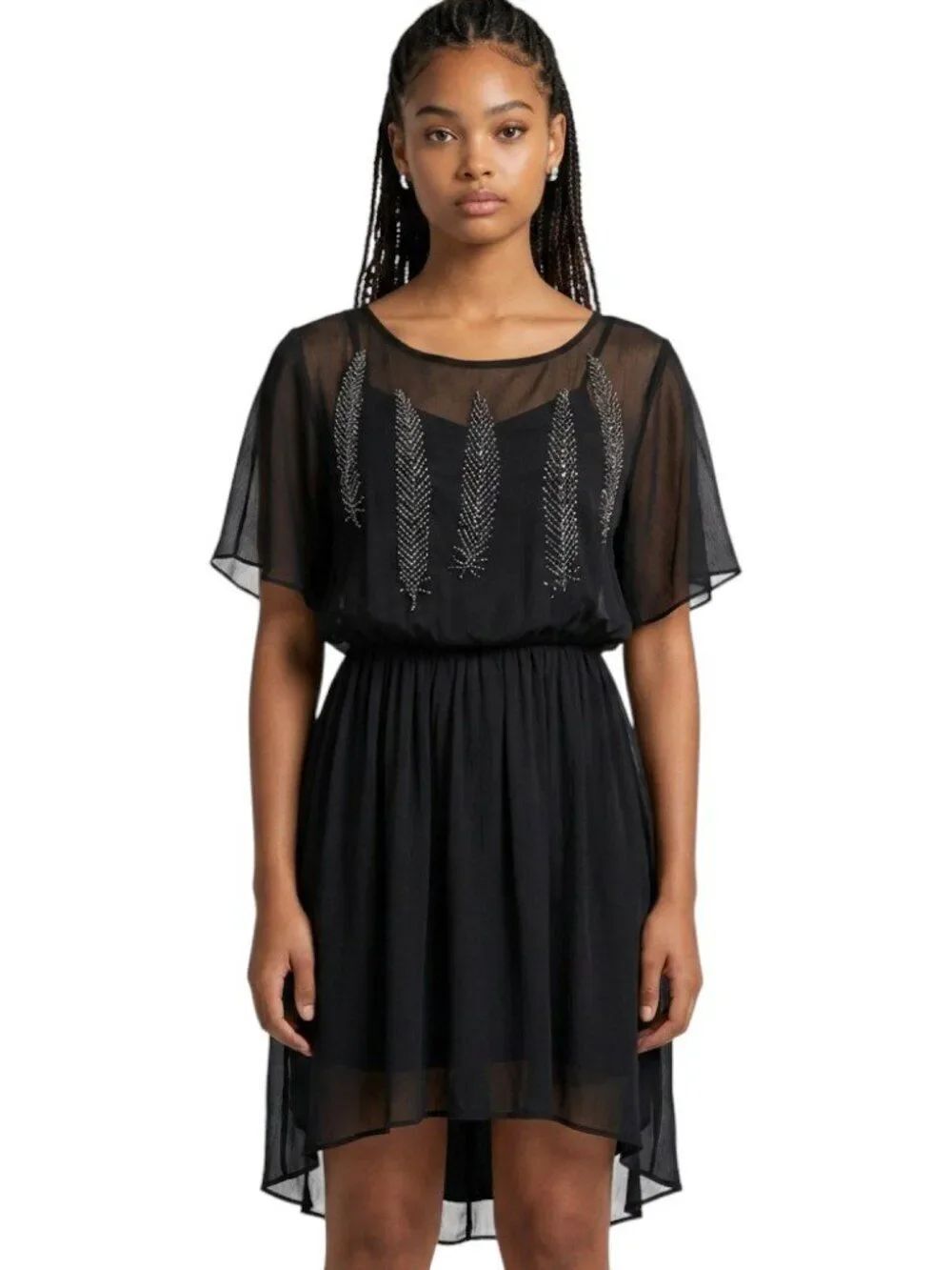 NWT Tart Collections Silk Beaded Open Back Flutter Cocktail Dress Black Small S